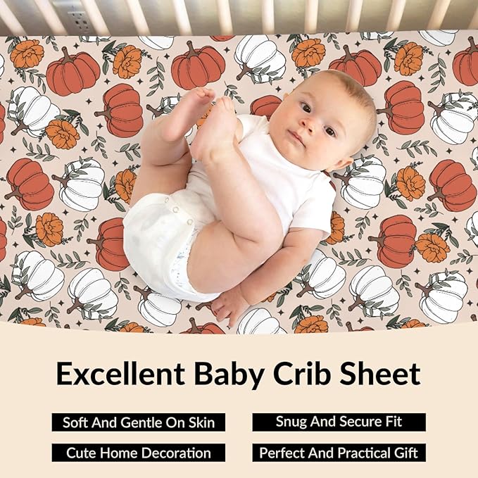 Boho Fall Pumpkin Floral Baby Crib Sheets Retro Autumn Pumpkin Flowers Thanksgiving Baby Sheets Fitted Crib Mattress Cover for Standard Crib Toddler Mattresses 28x52in