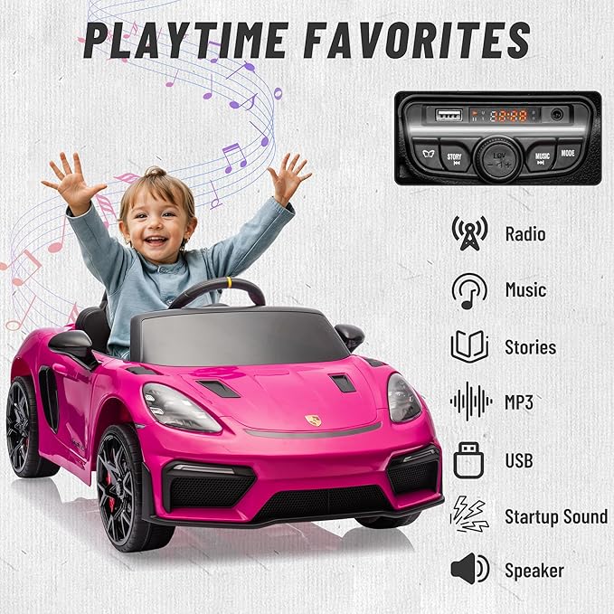 First Ride On Licensed Porsche 718 12V Ride on Toy for Toddler, Ride on Car for Kids with Remote Control, Child Electric Car w/Horn, Radio, USB, Spring Suspension, Opening Door, Led Light (Pink)