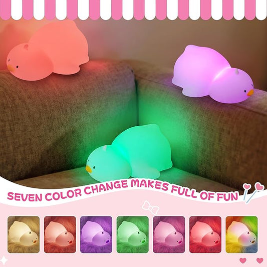 loatme Night Light for Kids, Rechargeable Dimmable Silicone LED Nightlight with 7 Colors, Baby Nursery Night Lamp, Touch Squishy Lamp, Cute Gifts for Girls, Boys, Toddler Room Decor, Lying Duck