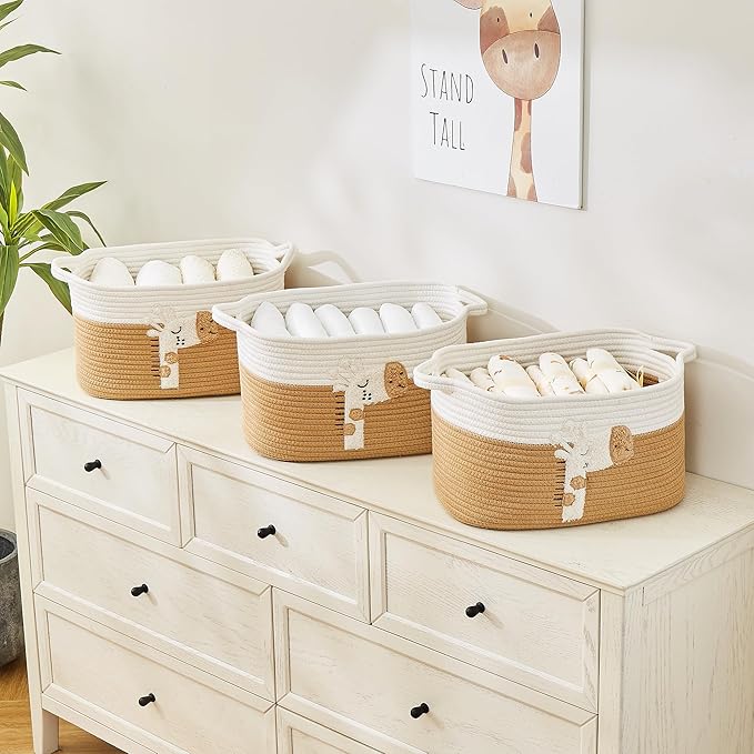 BUBUSUN Storage Bins Woven Baskets for Storage Set of 3, Cotton Rope Basket with Handles for Toys/Shelves/Laundry, Rectangle Multi-Purpose Organizer for Living Room, Bedroom, Nursery (Giraffe)