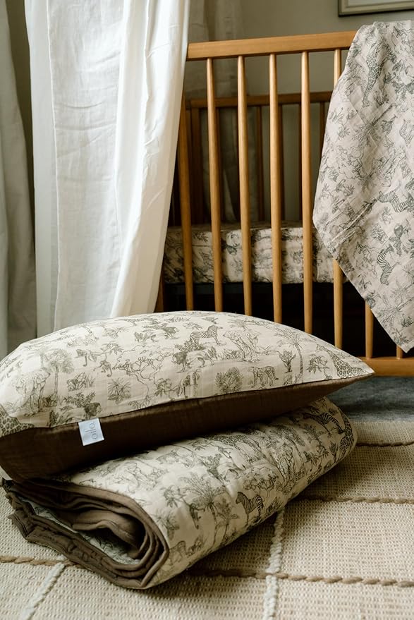 Oilo 100% Organic Premium Cotton Muslin Crib Quilt & Sham Set, (45" x 60") Print and Solid Sides, Extra-Soft & Lightweight, Fits Toddler Beds, Heirloom Organic Collection, Vintage Safari