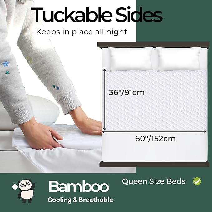 Hygge Sheets®️ Organic Washable Incontinence Bed Pads with Tucks - 100% Waterproof Reusable Mattress Protector Underpads - Rayon derived from Bamboo - Queen