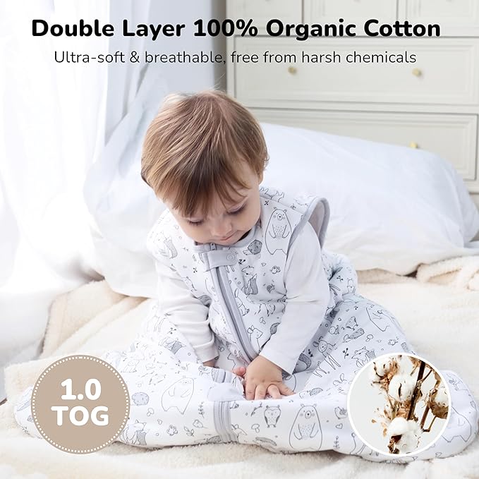 Baby Sleep Sack 1.0 TOG, Organic Cotton Baby Wearable Blanket with Two-Way Zipper, Swaddle Transition Baby Sleeping Bag, All-Season Sleep Sack for Newborn Infant Toddler Boy Girl, 6-12 Months, 1-Pack