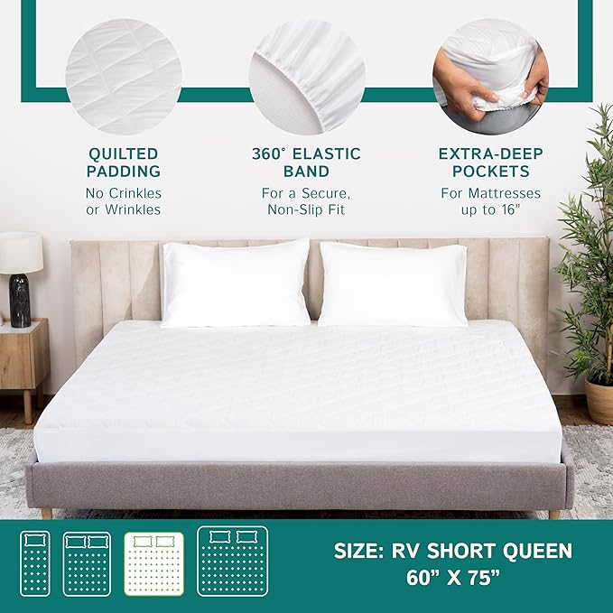 RV Short Queen Quilted Mattress Pad - Waterproof Mattress Protector, Premium Quality Hypoallergenic Fitted Mattress Cover