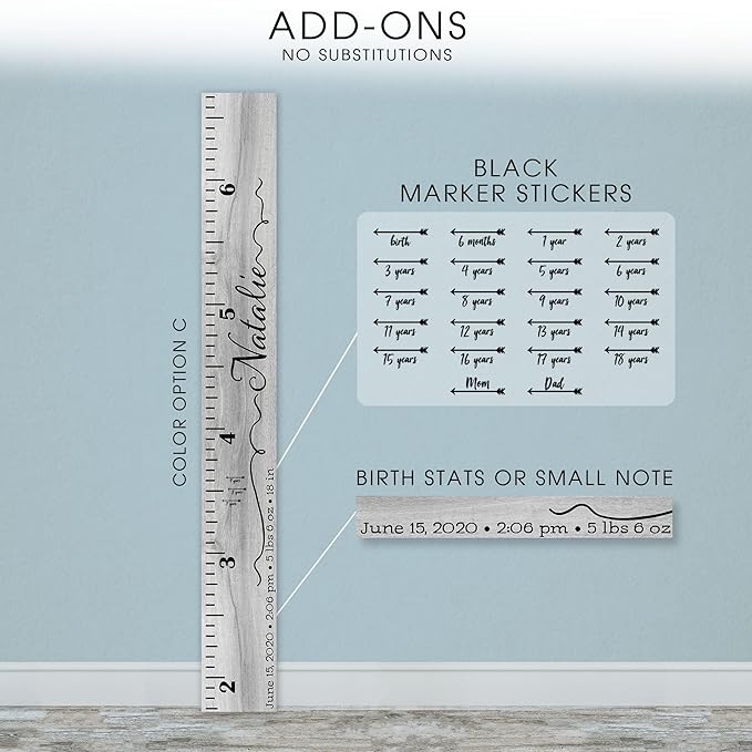 Wooden Kids Growth Height Chart Ruler for Boys and Girls Painted or Engraved (Script Ribbons)