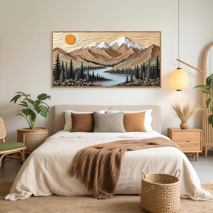 CHDITB Mountain Framed Wall Art, Long Horizontal Mountains Wall Decor, Sun Lake Pine Trees Nature Wall Painting, Modern Rustic Farmhouse Landscape Art Prints for Bedroom Office Decoration 20"x40"