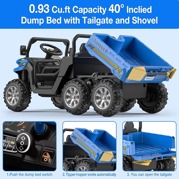 2-Seater Kids Ride On Dump Truck, 75W Electric Ride On UTV Toys with Remote Control, Dump Bed, PP Tire x 6, LED Light & Music, 24V 4WD Power Ride On Truck Car for Boys Girls (Blue)