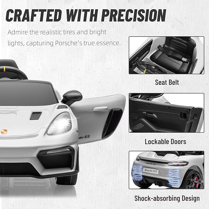 First Ride On 12V Ride on Car for Kids, Licensed Porsche 718 Spyder Battery Powered Ride on Toy, Child Electric Car w/Music, USB, MP3, Bluetooth, 3 Speeds, Wheels Suspension, Led Lights (White)