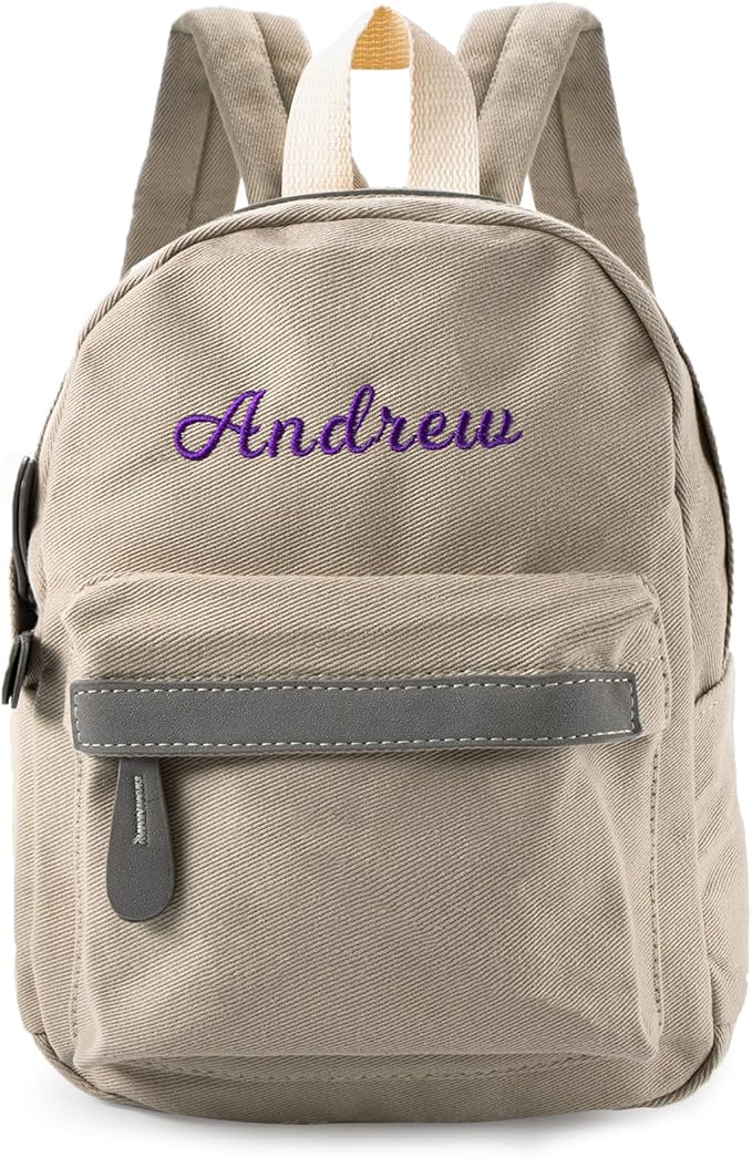 MT WORLD Daycare Backpack - Personalized Canvas Backpack with Name - Classic 15inch Daypack with Back Pocket - Custom Daycare Diapering Bag for Overnight Travel Birthday Gifts (Stone Gray, Large)