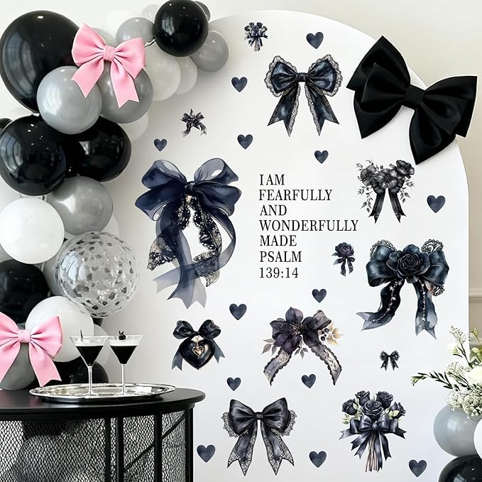 Black Bow Wall Stickers Watercolor Inspirational Bowtie Art Decor for Girls Bedroom Bows Bridal Shower Party Decals for Backdrop Peel and Stick Coquette Bible Art Vinyl Decal for Kids Baby Bedroom