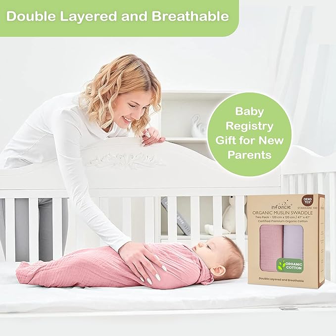 Organic Cotton Muslin Baby Blanket - 47x47 Inch Breathable Swaddle, Hypoallergenic Double-Layer, Versatile Use (Light Pink/Light Purple, 47x47 Inch)