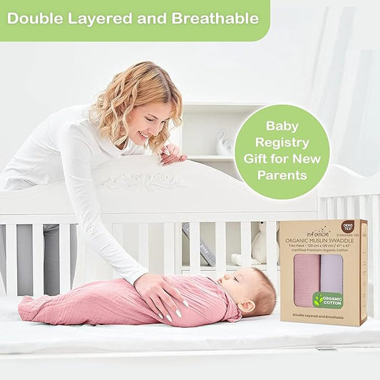 Organic Cotton Muslin Baby Blanket - 47x47 Inch Breathable Swaddle, Hypoallergenic Double-Layer, Versatile Use (Light Pink/Light Purple, 47x47 Inch)