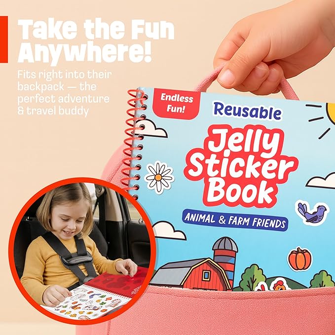 Reusable Jelly Sticker Book - Farm, 7 Scenes - 50 Thick Washable Stickers for Toddlers & Kids: Easter Basket Stuffers, Gift Ideas for Ages 3-5 Years Old - Toddler Stickers Travel Activity Toy 2-4 1-3