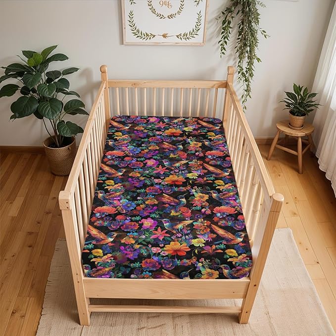 Garden Hummingbirds Blossom Baby Crib Sheets for Boy Girl 52x28Inch Tropical Birds Floral Soft Stretchy Fitted Crib Mattress Cover Colorful Spring Baby Sheet for Crib & Toddler Bed Mattresses