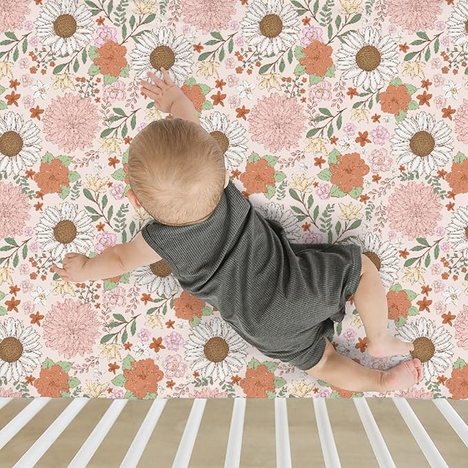 Boho Floral Print Baby Crib Sheets for Boy Girl 52x28Inch Neutral Flowers Soft Stnug Fitted Crib Mattress Cover Wildflower Garden Spring Summer Nursery Baby Sheet for Crib and Toddler Bed Mattresses