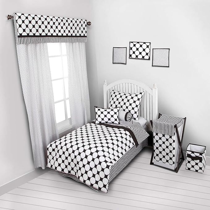 Bacati - Dots/pin Stripes Black/White 4 Pc Neutral Toddler Bedding Set 100 Percent Cotton Includes Reversible Comforter, Fitted Sheet, Top Sheet, and Pillow Case for Boys/Girls