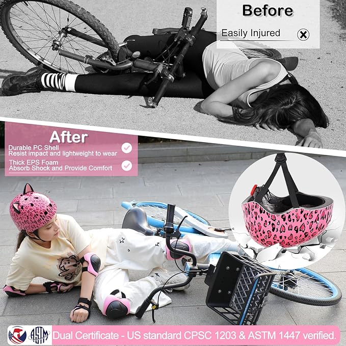 Kids Helmet, Bike Helmets for Kids 8-14 with Knee Pads and Elbow Pads Wrist Guards, Adjustable Youth Girls Bike Helmet with DIY Cat Ears Skateboard Helmet for Scooter Skating Cycling
