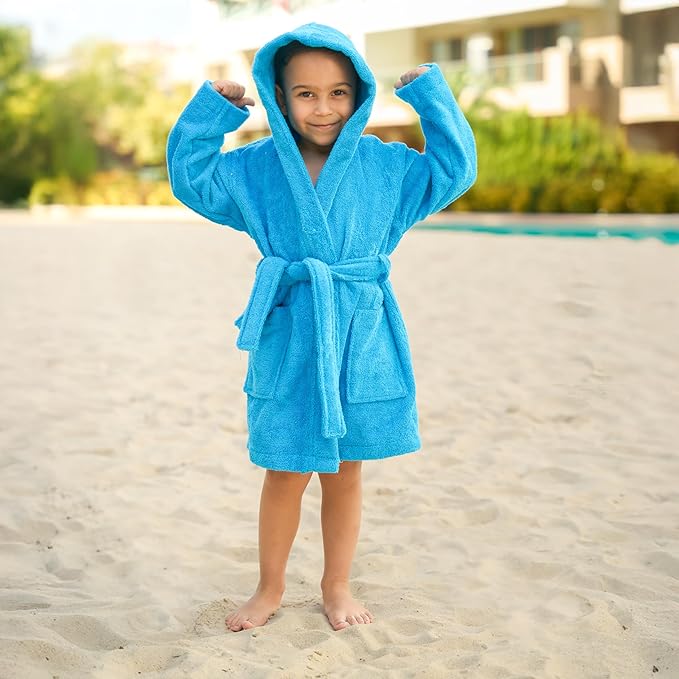 BAGNO MILANO Kids Organic Turkish Cotton Hooded Beach Cover-Up Towel, GOTS Certified, for Boys and Girls (Blue, 5-6 Years)