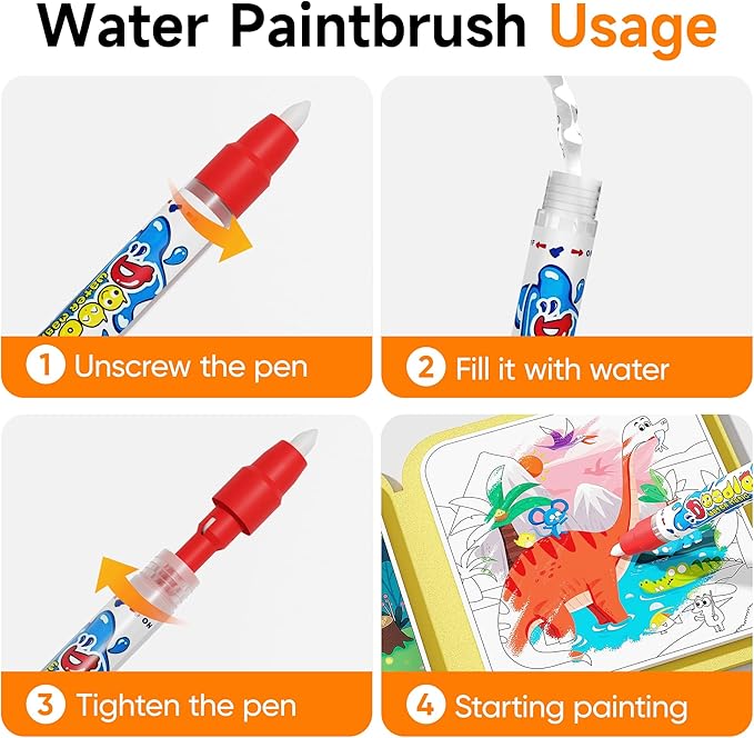 Timetome Reusable Water Painting Book for Kids - 3 Pack Magic Watercolor Books with Water Pen Fairy Tale, Animal & Dinosaur Themes | No Mess Paint & Reusable Fun for Ages 3+