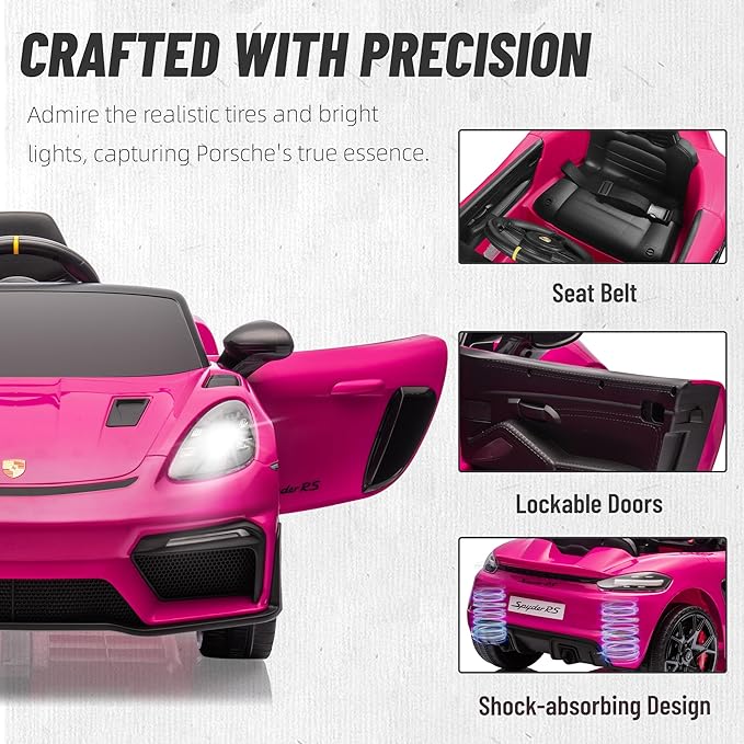 First Ride On Licensed Porsche 718 12V Ride on Toy for Toddler, Ride on Car for Kids with Remote Control, Child Electric Car w/Horn, Radio, USB, Spring Suspension, Opening Door, Led Light (Pink)