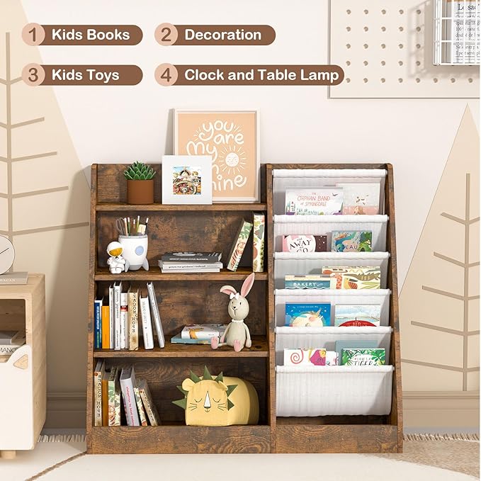 HedoAjim Kids Bookshelf for Bedroom Toddler Children Baby Bookcase 4-Tier for Nursery Book Toy Storage Organizer 5 Sling Book Display Shelf Book Rack Wood Classroom Playroom Rustic Brown