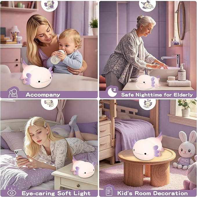 Axolotl Night Light for Kids,Cute Purple Axolotl Lamp ,LED Squishy Nursery Nightlight, Soft Silicone Novelty Animal Bedside Touch Lamp, Room Decor,Axolotl Gifts for Mom Girls Baby,Valentine's Day Gift