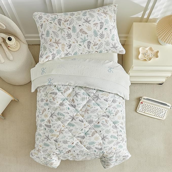 JHXHMX 4 Pieces Toddler Bedding Set for Girls,Leaves Pattern Toddler Comforter Set,Soft Crib Bed Set Including Comforter,Sheets and Pillowcase-Leaf