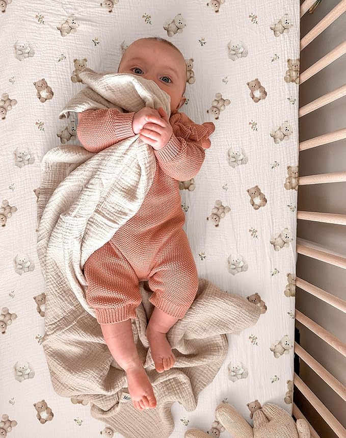 Crib Sheets for Baby Boy Girl 2 Pack, Fitted Crib Mattress Sheet 28" x 52", Muslin Toddler Bedding with Neutral Style, Nursery Bedding Essentials (Teddy & Friends)