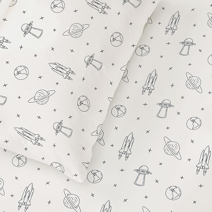 MakeMake Organics Organic Twin Fitted Sheet Set GOTS Certified Organic Cotton Fitted Sheet with 1 Pillowcase Ultra Soft Non Toxic Breathable Hypoallergenic (40"X76", Astro)