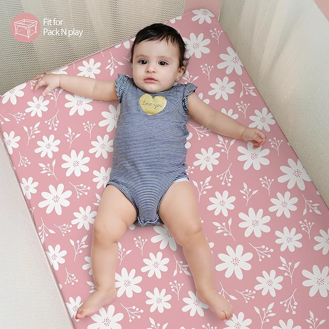 Baby Mini Crib Sheets Girl, Portable 38”x26” Pack and Play Sheets Fitted for Playard and Pack N Play Mattress, 3-Pack Soft Microfiber Pink Butterfly Flower