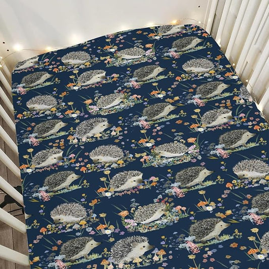 Happy Hedgehogs Mushroom Floral Baby Crib Sheets for Boy Girl 28"x52" Cartoon Hedgehog Soft Snug Fitted Crib Mattress Cover Summer Animal Baby Sheet for Standard Crib & Toddler Bed Mattress