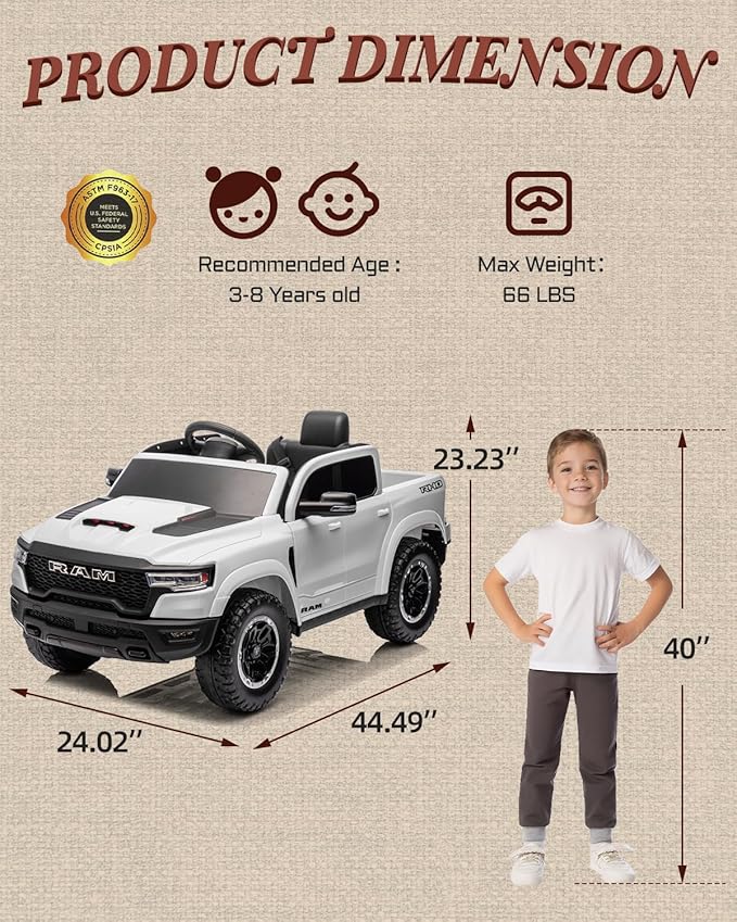First Ride On Licensed Ram 1500 RHO 12V Kids Ride on Truck, Toddler Ride on Toys with Remote Control, Children Electric Vehicles with Truck Bed Storage, Smooth Start, Music, Bluetooth (White)