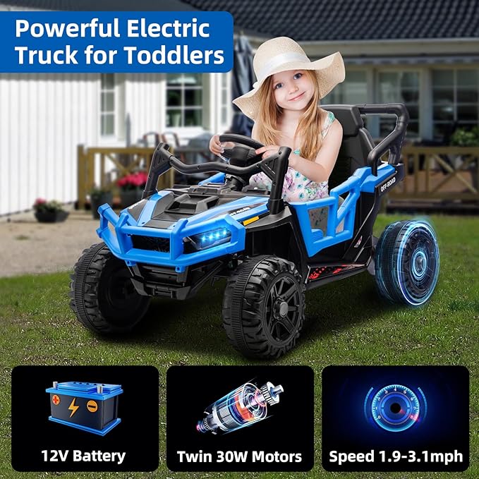 12V Kids Ride on Truck Car with Remote Control, Electric Off-Road UTV for Toddlers, Bluetooth Music, Suspension System Safety Belt, Electric Vehicles Gift for Boys & Girls-Blue