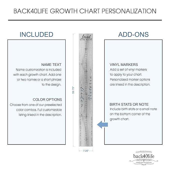 Wooden Kids Growth Height Chart Ruler for Boys and Girls Painted or Engraved (Two Names)