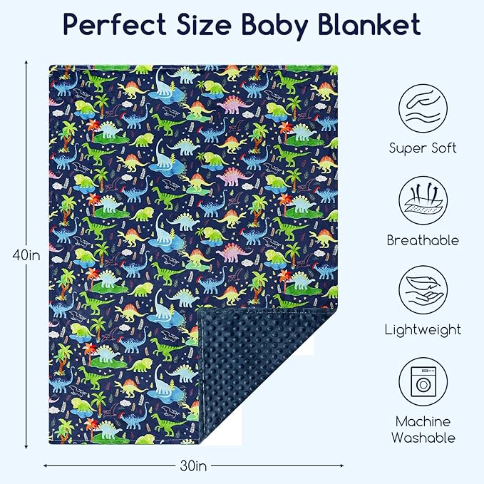 Baby Blankets for Girls, Toddler Newborn Blanket Double Layer with Dotted Backing Crib Receiving Blanket for Toddler Nursery Bed Blanket, Dinosaur, 30x40 Inches