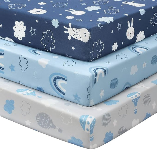 Baby Crib Sheets for Boys and Girls, 3 Pack Toddler Bed Sheets for 52”x28” Standard Toddler Mattresses, Soft Microfiber Fitted Crib Sheets Neutral Blue Cloud Animals