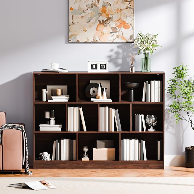 Cozy Castle Brown Bookshelf, 3-Tier Open Shelf Bookcase, 10 Cube Storage Organizer with Anti-Tilt Device for Bedroom, Living Room, 55.11" W x 11.61“D x 40.94“H