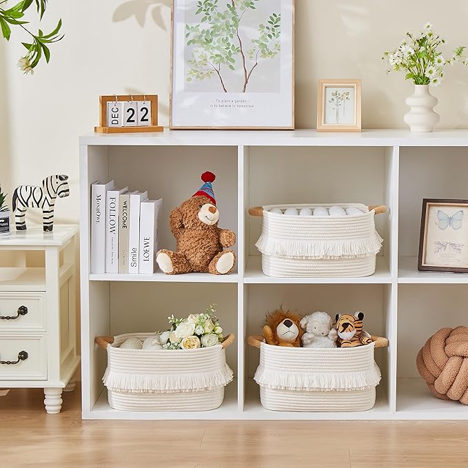BUBUSUN Storage Bins Woven Baskets for Storage Set of 3, Cotton Rope Basket with Handles for Toys/Shelves/Laundry, Rectangle Multi-Purpose Organizer for Living Room, Bedroom, Nursery (White)