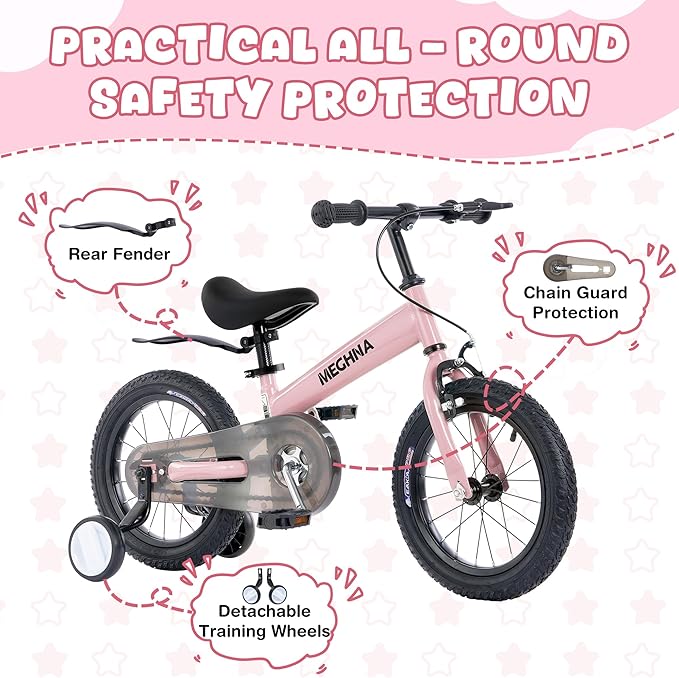 MEGHNA 2 in 1 Toddler Balance Bike 14 inch Wheel Kids Bike Aged 3-7 Years Old with Footrest Detachable Training Wheels Caliper and Coaster Brake Strider Bike for Boys Girls, Easy to Assembly