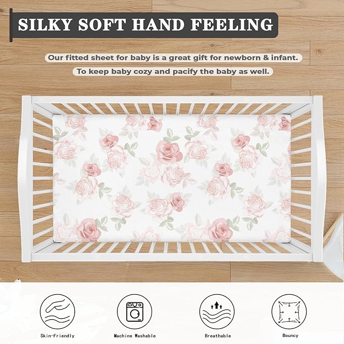 Pink Roses Fitted Crib Sheet for Boys Girls Beautiful Flower Leaves Baby Sheet for Standard Crib and Toddler Beauty Floral Nursery Bed Mattress Sheets 28"x52"