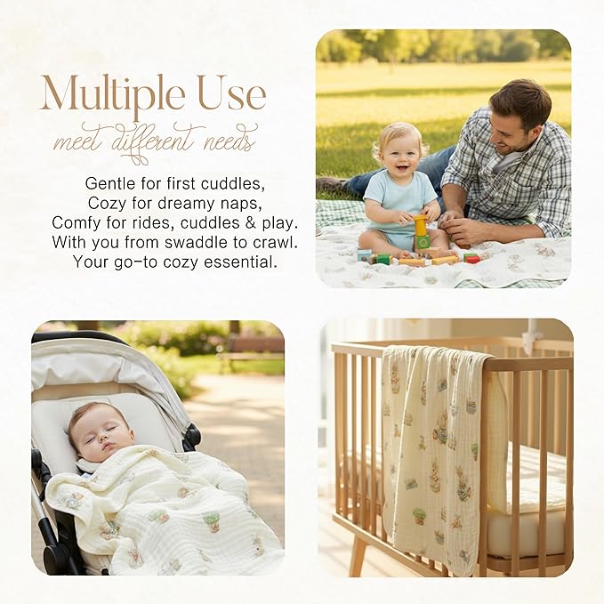 Ultra Soft Muslin Baby Blanket,A Versatile Swaddle and Bed Blanket for Babies, Toddlers, Boys, and Girls (1 Pack Rabbit).