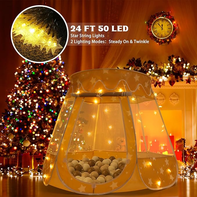 Pop Up Princess Tent with Star Light, Toys for 1 2 3 Year Old Girl Birthday Gift, Ball Pit for 12-18 Months Baby Girl Gifts Toddler Toys, Easy to Pop Up and Assemble(Brown)