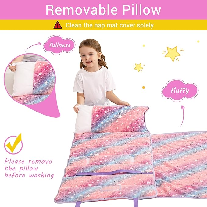 Toddler Nap Mat with Pillow and Blanket, Extra Large Rolled Napping Mats,Slumber Bags for Boys Girls,Kids Sleeping Bag for Daycare, Preschool Travel Camping