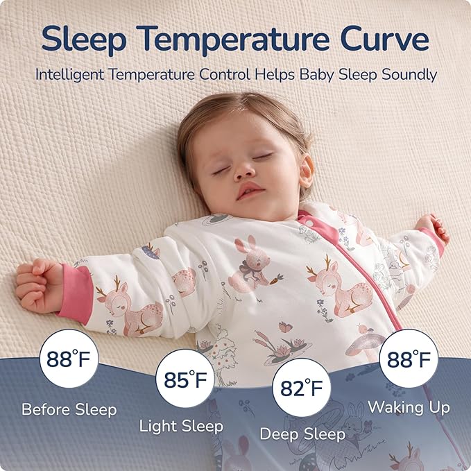 Baby Sleep Sack 3–6 Months, 2.5 TOG Warm Cotton Sleep Sack with Detachable Long Sleeves, Winter Wearable Blanket for Cold Nights, 2-Way Zipper Toddler Sleeping Sack, Bunny