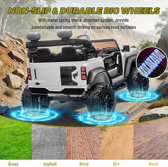 ENYOPRO 24V 2 Seater Ride On Toys for Kids, Licensed Ford Bronco Raptor Toddlers Electric Ride On Car w/Remote Control, Safety Belt, LED Lights, Spring Suspension, Bluetooth Music, 3 Speed, White