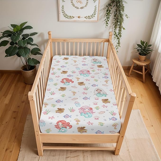 Cute Mermaids Baby Crib Sheets for Boy Girl 28"x52" Mystical Mermaids Fishes Sea Horse Jellyfish Soft Snug Fitted Crib Mattress Cover Ocean Animals Baby Sheet for Standard Crib & Toddler Bed Mattress