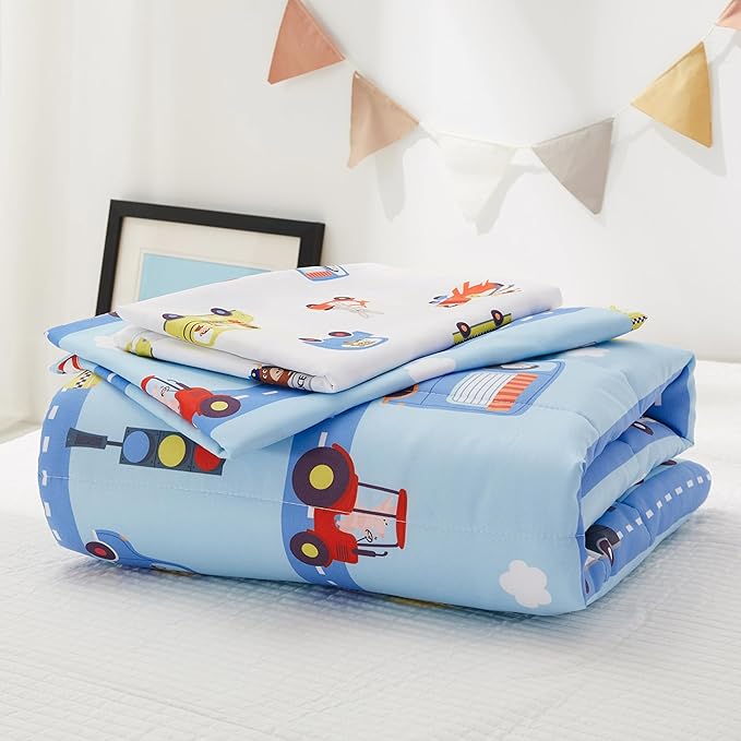 PINNKKU 4-Piece Toddler Bedding Set, Includes 1 Flat Sheet, 1 Fitted Sheet, 1 Comforter and 1 Reversible Pillowcase, Standard Toddler Comforter & Sheet Set, Ultra Soft Toddler Bed Set, Cars & Road