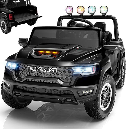 ENYOPRO 24V Ride on Toys for Big Kids, Licensed RAM 1500 RHO 2 Seater Toddlers Ride on Car w/Remote Control, Kids Electric Car w/Truck Bed Storage, Real Tailgate, Bluetooth, USB, LED Lights (Black)