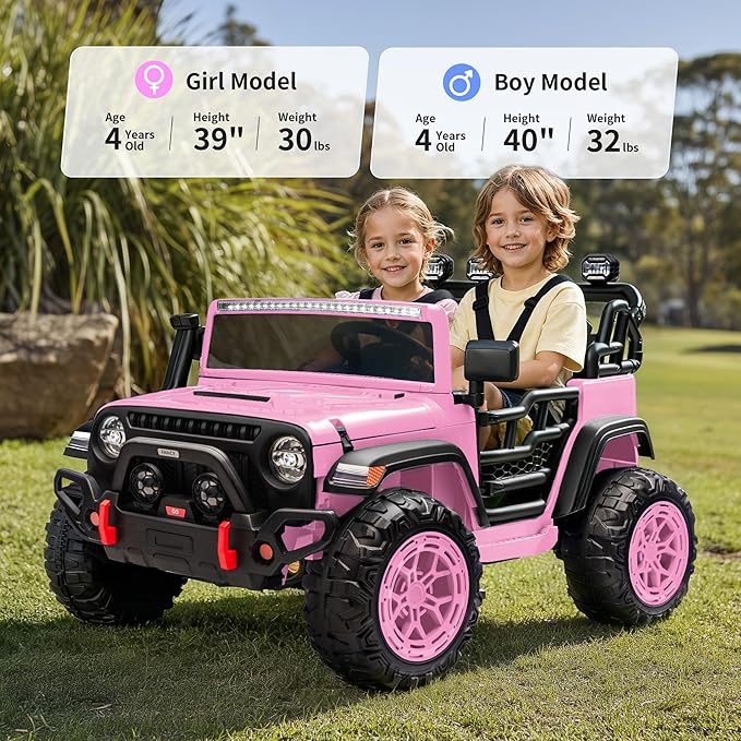 2 Seater Ride on Electric Car, 12V Ride on Toy Car for Kids 4-8 w/Remote Control, EVA Tires - Light Pink
