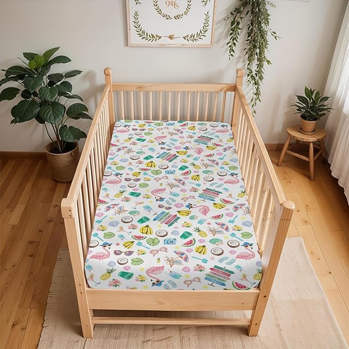 Surf Beach Summer Baby Crib Sheets for Boy Girl 28"x52" Flamingo Tropical Leaves Floral Fruits Soft Stretchy Fitted Crib Mattress Cover Beach Party Vacation Baby Sheet for Crib & Toddler Bed Mattress